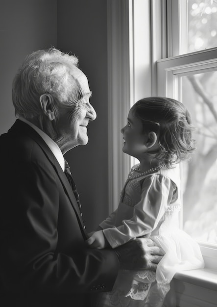 Black and white portrait of grandpa with grandchild