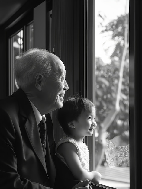 Black and white portrait of grandpa with grandchild