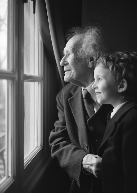 Black and white portrait of grandpa with grandchild