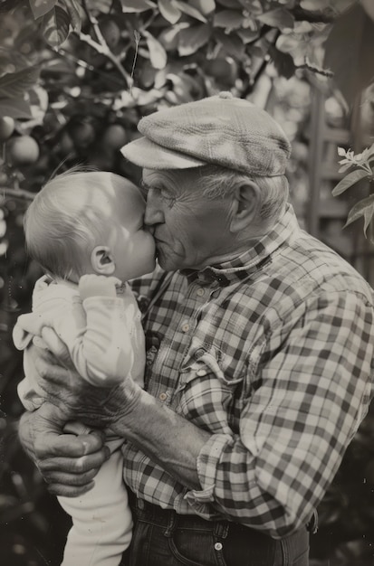 Free photo black and white portrait of grandpa with grandchild