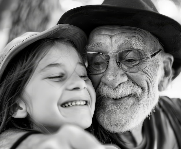 Black and white portrait of grandpa with grandchild