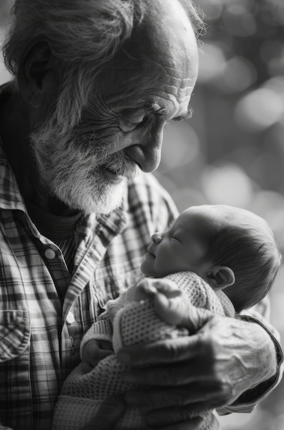 Free photo black and white portrait of grandpa with grandchild