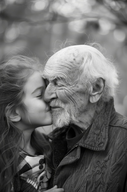 Free photo black and white portrait of grandpa with grandchild