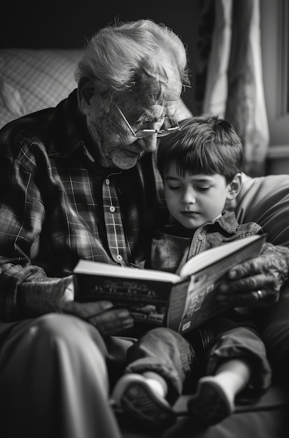 Free photo black and white portrait of grandpa with grandchild