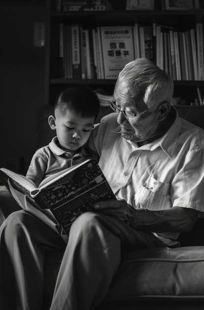 Free Photo black and white portrait of grandpa with grandchild