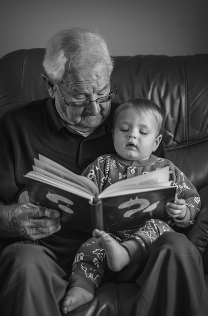 Free photo black and white portrait of grandpa with grandchild