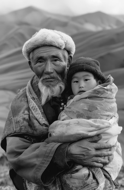 Free photo black and white portrait of grandpa with grandchild