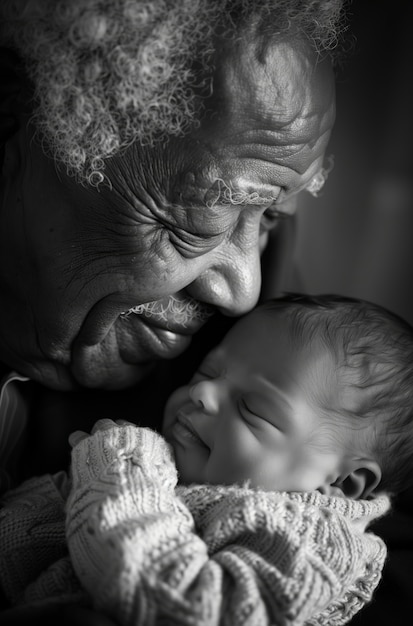 Free photo black and white portrait of grandpa with grandchild