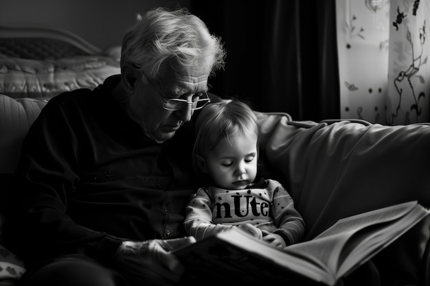 Free Photo black and white portrait of grandpa with grandchild