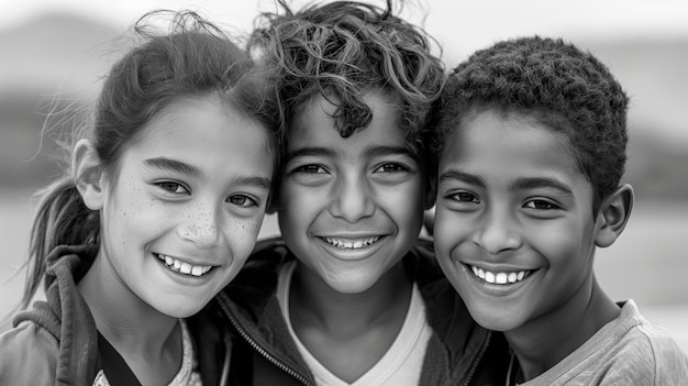 Free Photo black and white portrait of happy children closeup concept of a happy childhood and school years