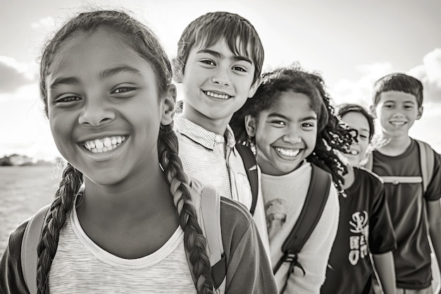 Black and white portrait of happy children going to school blurred background and selective focus co