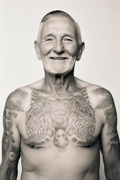 Free Photo black and white portrait of man with body tattoos