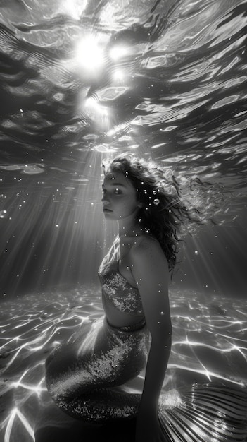 Free Photo black and white portrait of mermaid