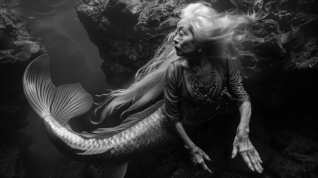 Free Photo black and white portrait of mermaid