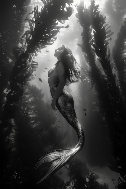 Free photo black and white portrait of mermaid