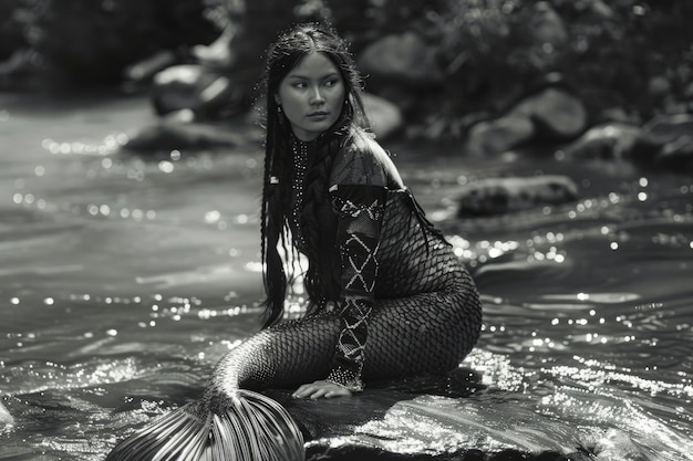 Free Photo black and white portrait of mermaid