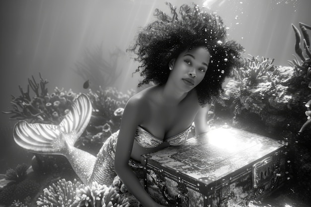 Free photo black and white portrait of mermaid