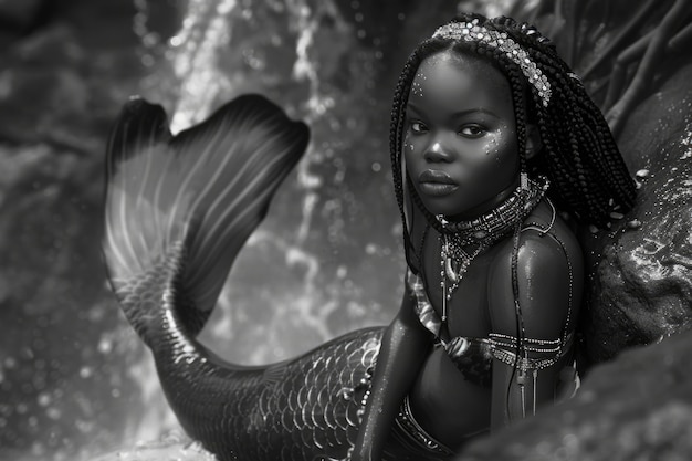 Free photo black and white portrait of mermaid