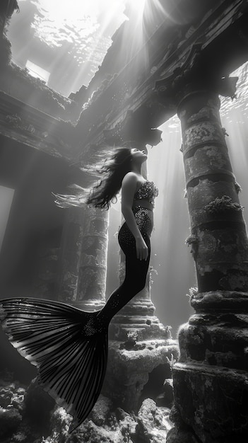 Free photo black and white portrait of mermaid