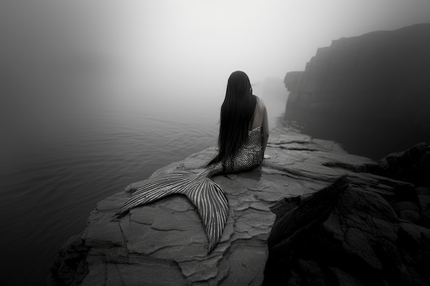 Free photo black and white portrait of mermaid