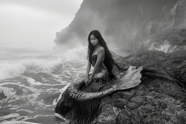 Black and white portrait of mermaid