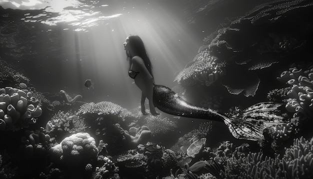 Free Photo black and white portrait of mermaid