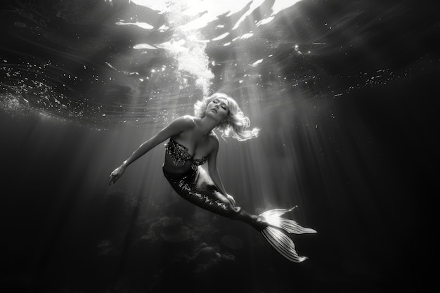 Free photo black and white portrait of mermaid