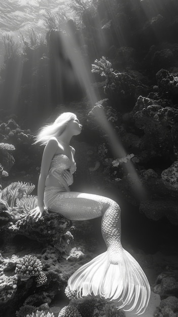 Free photo black and white portrait of mermaid