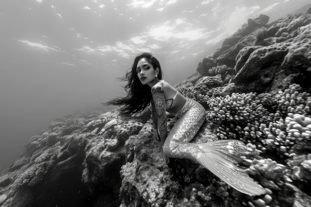 Free Photo black and white portrait of mermaid