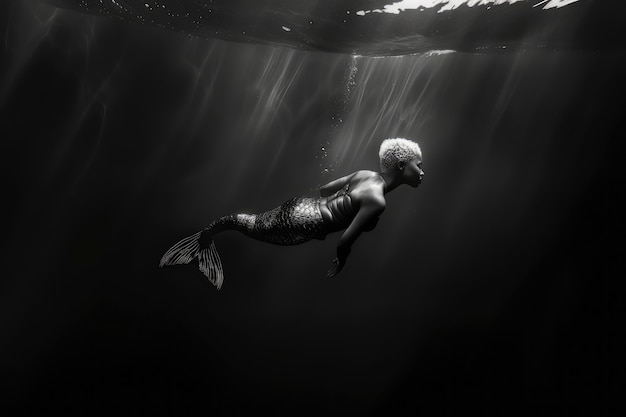 Free Photo black and white portrait of mermaid