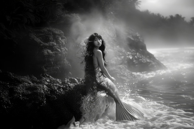 Black and white portrait of mermaid