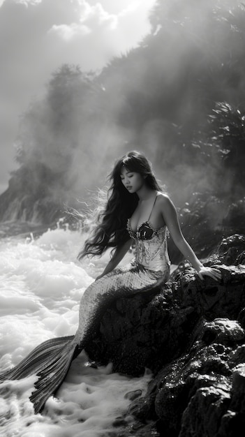 Free Photo black and white portrait of mermaid