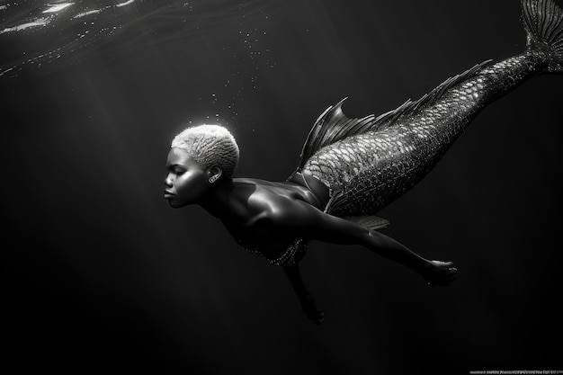 Black and white portrait of mermaid