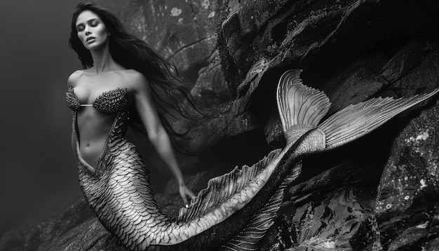 Free Photo black and white portrait of mermaid