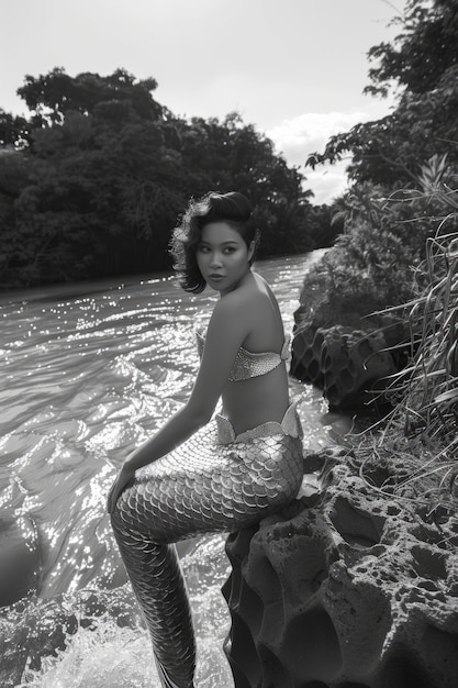 Free Photo black and white portrait of mermaid