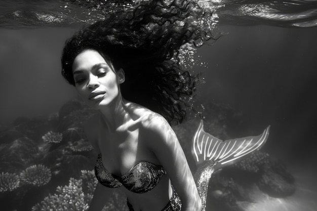 Free Photo black and white portrait of mermaid