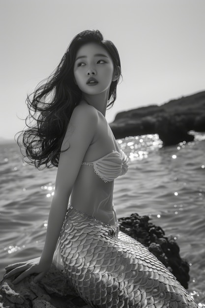 Free Photo black and white portrait of mermaid