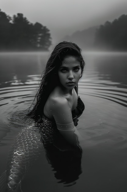 Free photo black and white portrait of mermaid