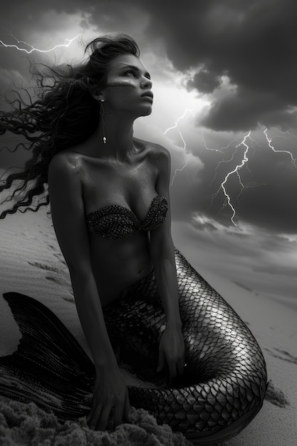 Free Photo black and white portrait of mermaid