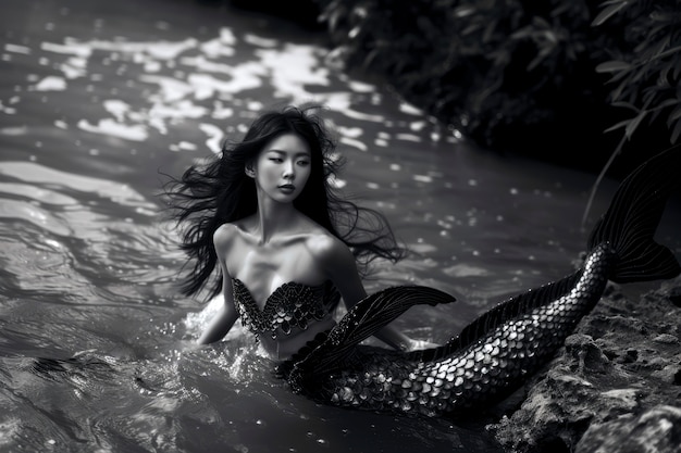 Free Photo black and white portrait of mermaid