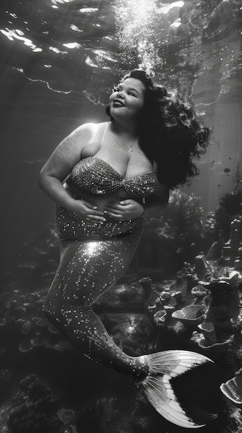 Free Photo black and white portrait of mermaid