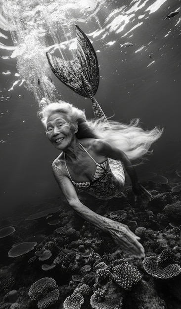 Free Photo black and white portrait of mermaid