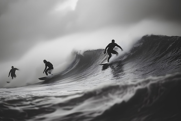 Free Photo black and white portrait of people surfboarding amongst the waves