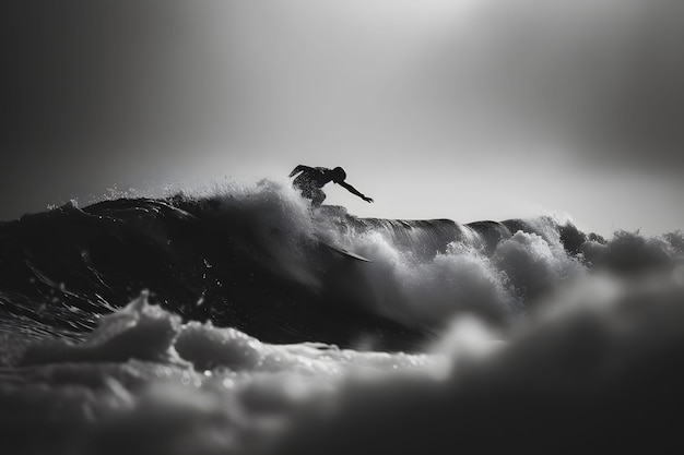 Free photo black and white portrait of person surfboarding amongst the waves