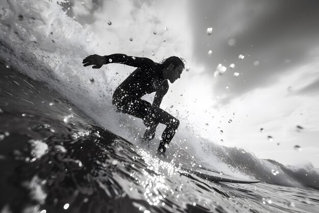 Black and white portrait of person surfboarding amongst the waves