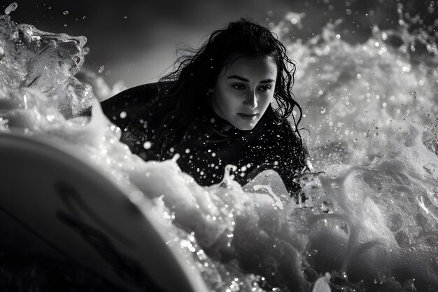 Black and white portrait of person surfboarding amongst the waves