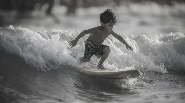 Free photo black and white portrait of person surfboarding amongst the waves