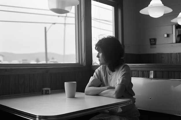 Black and white portrait of sad woman