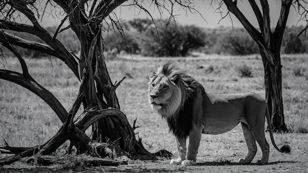 Free Photo black and white portrait of wild lion in nature