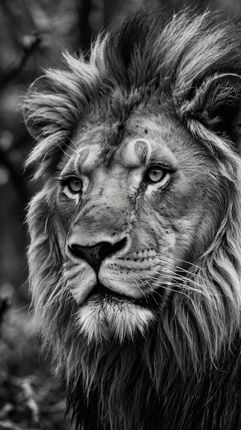 Black and white portrait of wild lion in nature